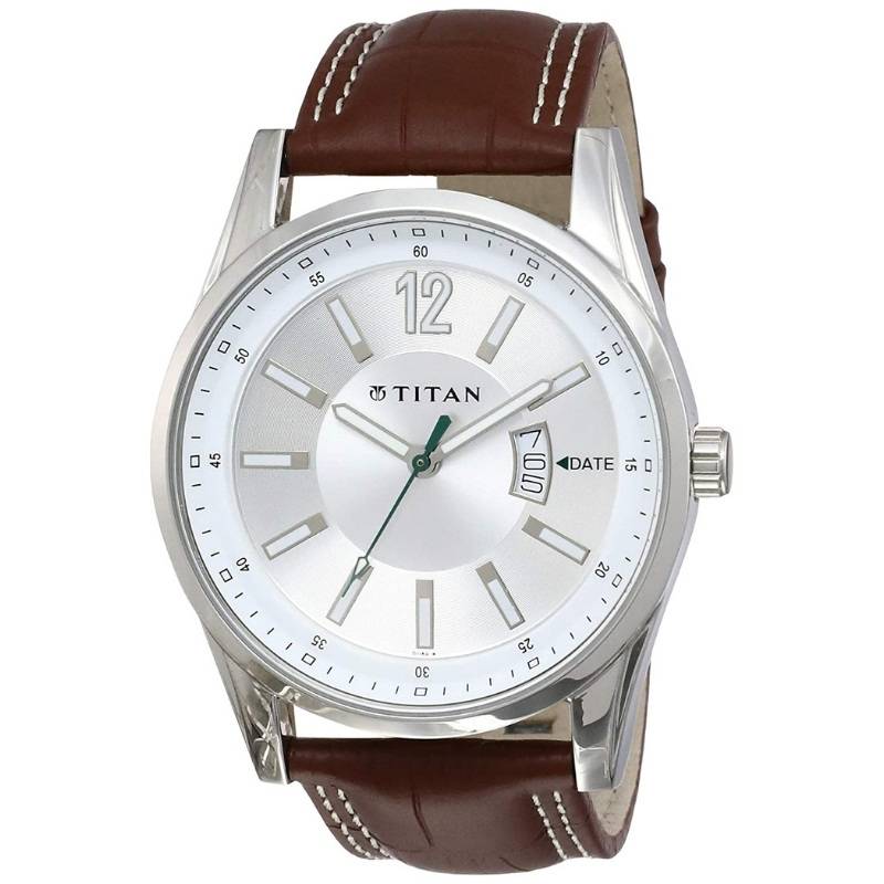 Titan Watch for Men, Silver Dial Brown Leather Strap Analog Men’s Watch