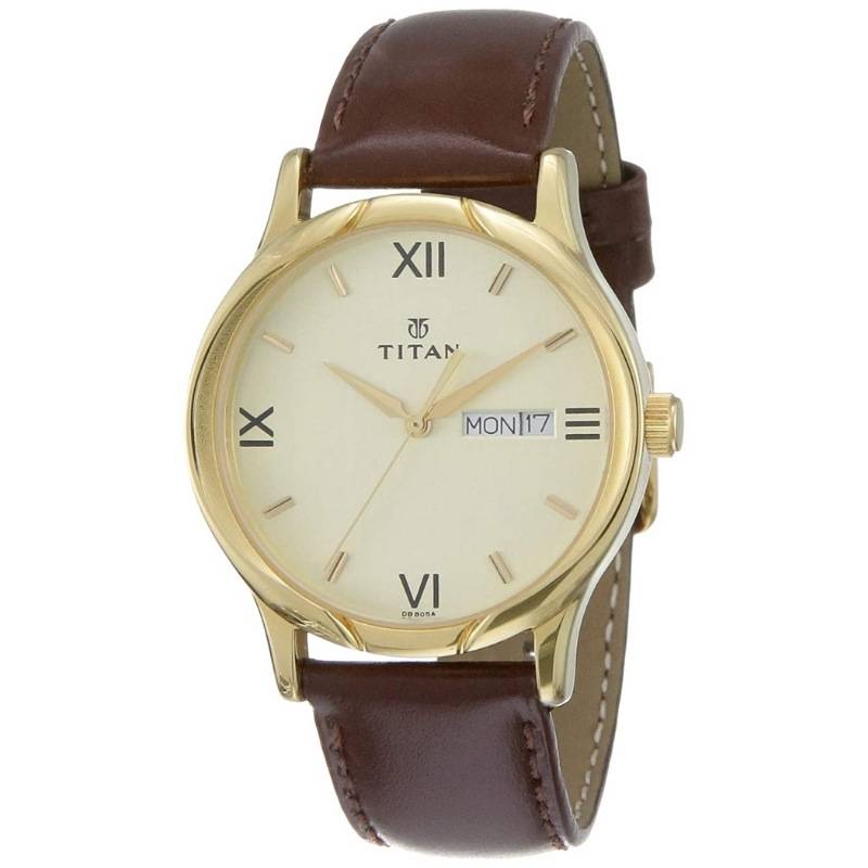 Elegant Analog Champagne Dial Brown Leather Strap Men’s Watch