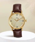 Elegant Analog Champagne Dial Brown Leather Strap Men’s Watch