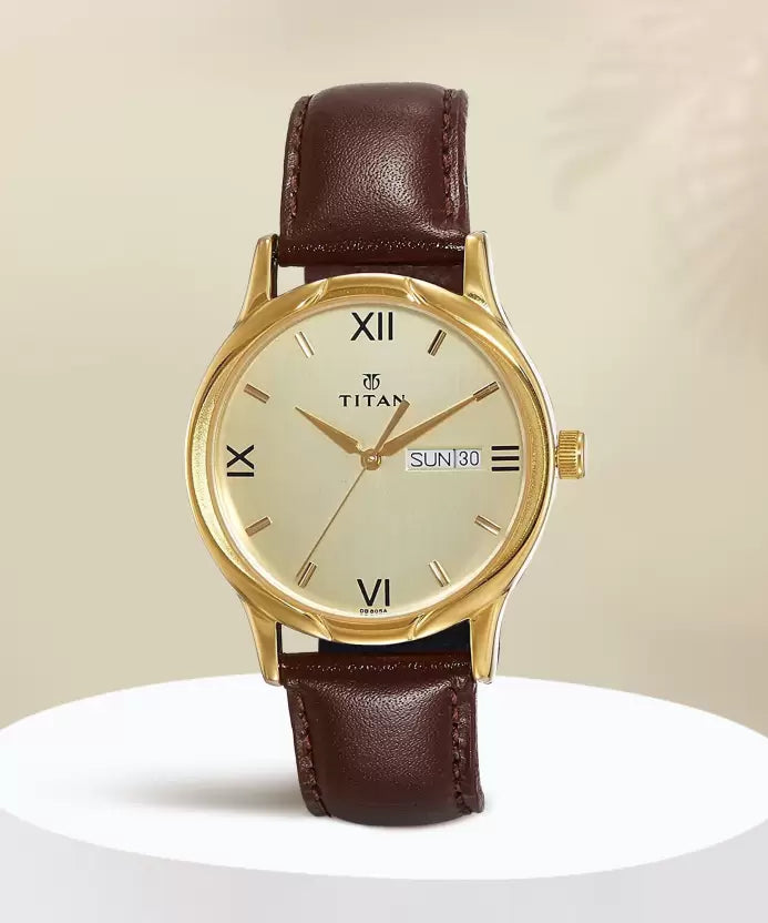 Elegant Analog Champagne Dial Brown Leather Strap Men’s Watch