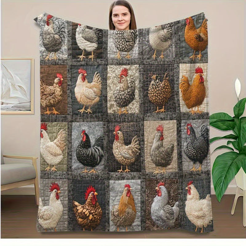 🎄Christmas Sale🎅Vintage Plaid Blanket with Rooster Motif