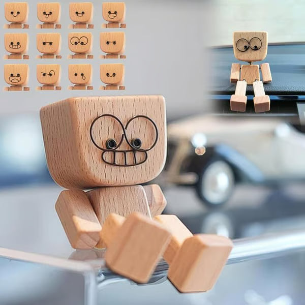 🪵🎭 Handmade Shaking Wooden Man – 12 Magnetic Faces to Match Every Mood! 😄✨ Perfect Desk & Car Buddy 🚗💼