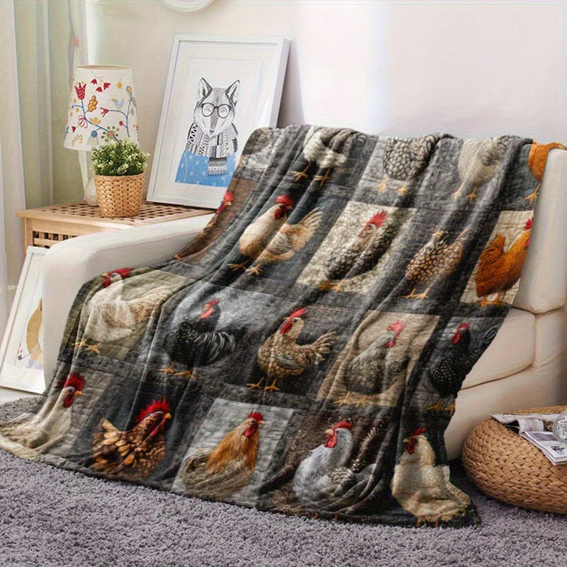 🎄Christmas Sale🎅Vintage Plaid Blanket with Rooster Motif