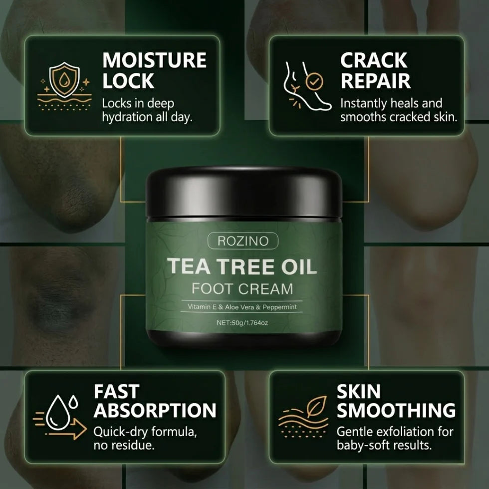Rozino Tea Tree Oil Foot Cream | Vitamin E, Aloe Vera & Peppermint | Repairs Cracked Heels, Rough Elbows & Dry Knees | Intense Hydration