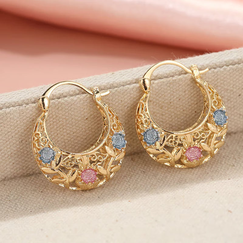 📢📢40% OFF !! ⏰ Gold-Plated Crescent Hoop Earrings with Enamel Flowers