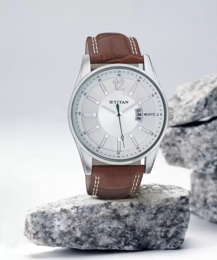 Titan Watch for Men, Silver Dial Brown Leather Strap Analog Men’s Watch
