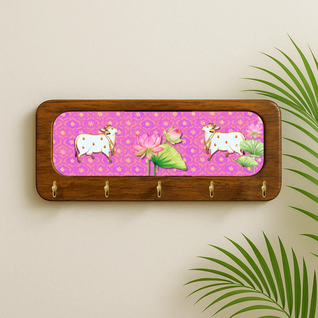 Pichwai Pink Cow Wooden KeyHolder