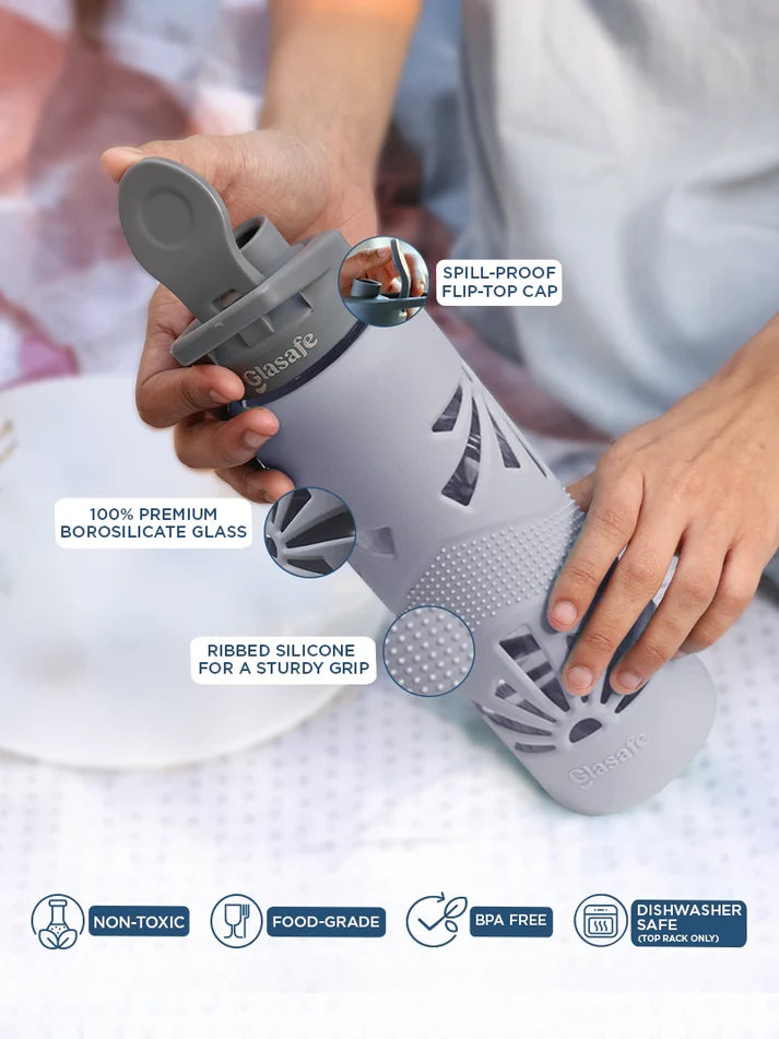 Borosilicate Glass Water Bottle with Protective Silicone Cover, 750ml (Mellow Mist)