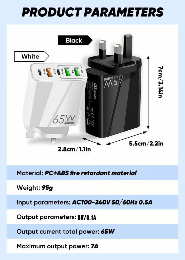 65W Multi-Port Fast Wall Charger (UK Plug)