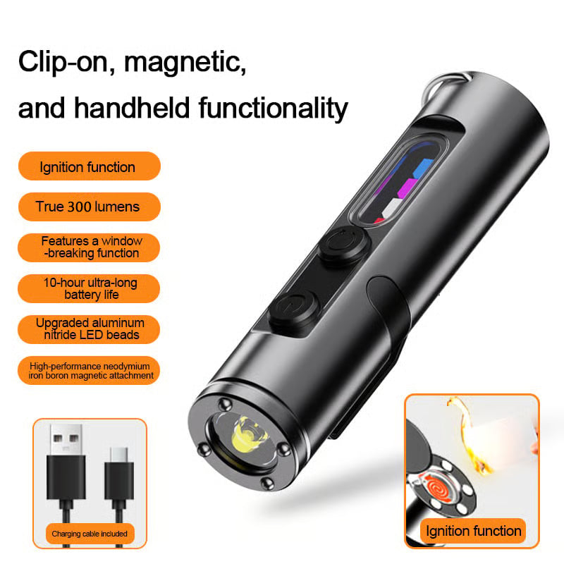 🔦Pocket Rechargeable EDC Flashlight: Mini Keychain Light with Fire Starter & Window Breaker