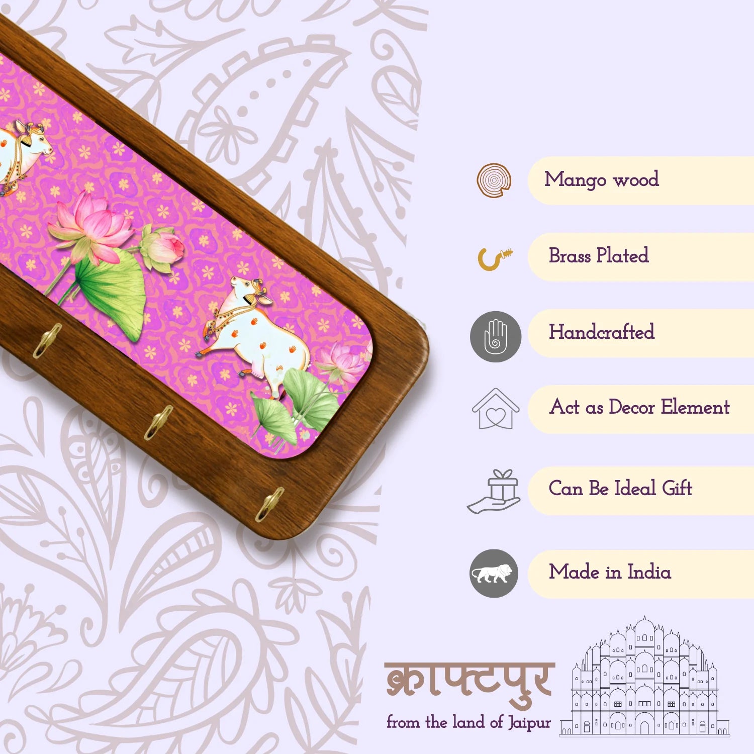 Pichwai Pink Cow Wooden KeyHolder